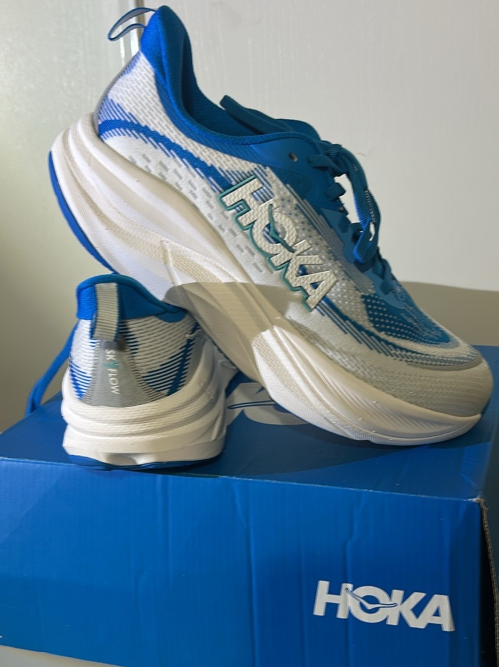 Hoka Blue and White Running Shoes sky flow